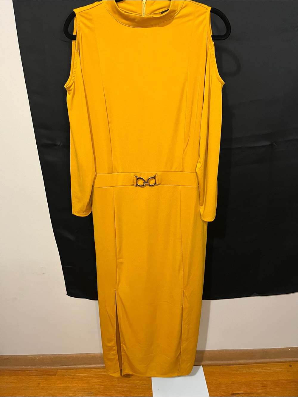 Ashley Stewart Mustard Yellow Cold-Shoulder Belted Maxi Dress